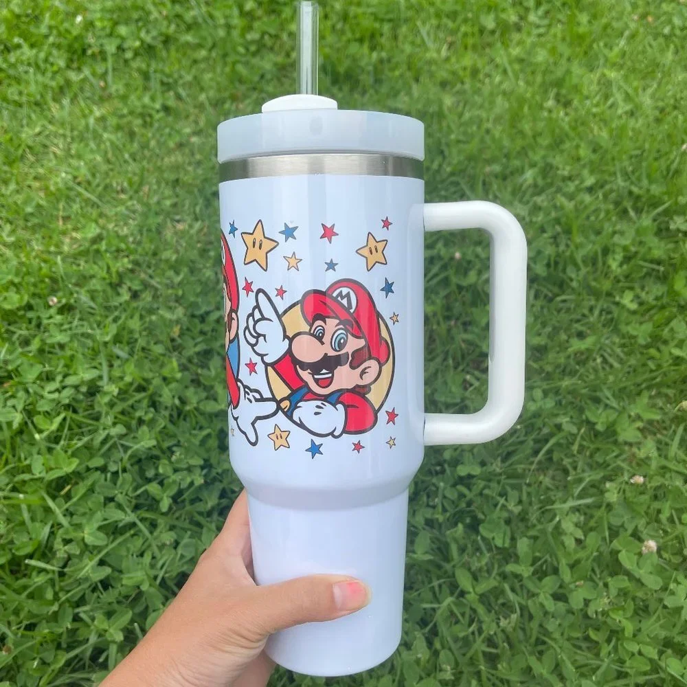 Custom Nintendo Super Mario Bros Tumbler 40 oz tumbler with hand carry handle. B
